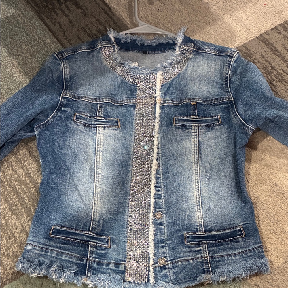 Denim Jacket with Rhinestone Trim